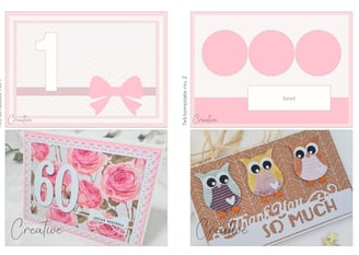 Top left card making sketch: Pink and white birthday card template with a large "1" and bow. Top rig