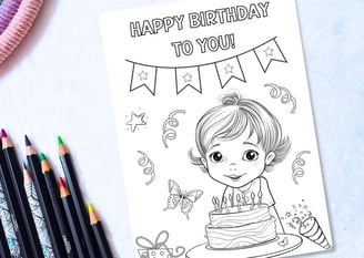 Digital Printable Coloring Birthday Card for a Girl