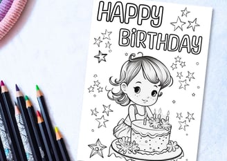 Printable Coloring Birthday Cards for Kids with a Birthday Girl