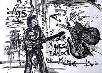 Peinture encre de Chine un guitariste rend hommage au King-2 Guitares en arrière plan