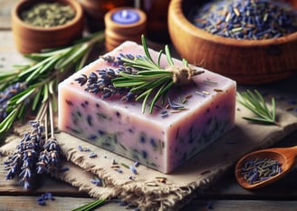 a soap bar with lavender flowers rosemary sprig