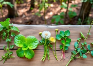 different edible plants on a wooden table