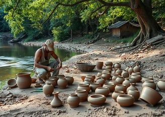 A potter working with wild clay by a riverbank, surrounded by greenery and natural clay deposits.