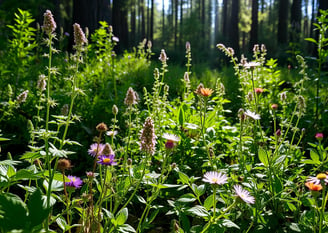 A diverse array of wild herbs and plants, sunlight filtering through the trees.