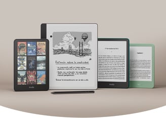 Kindle Paperwhite, Kindle Scribe y Kindle básico mostrando funcionalidades de lectura y escritura.