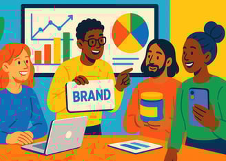 Diverse brand team collaborating on screen.