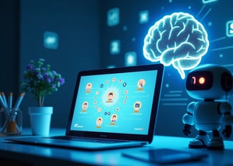 a robot with a brain map of the brain and a laptop