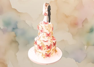a wedding cake with a bride and groom standing on top of a cake