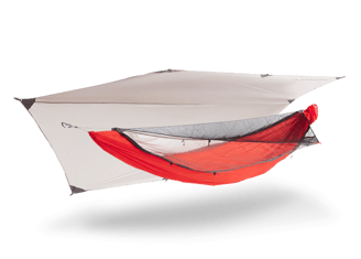 a tent hammock with red and white fabric and rain flap and mosquito netting