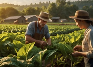 Un agricultor y una agricultora viendo las plantas de tabaco en el campo de cultivo.