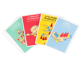 Educational game cards that shows tasks that the child must complete using silicone and wooden parts