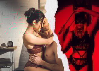 couple enjoying fantastic sex compared to woman in fantasy sex costume