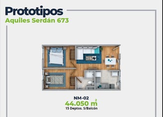 ASER Caracteristicas Departamento. Plano con 2 recamaras, sala comedor, baño y cocina. 44 mts2