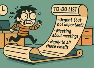 Overworked office cartoon meme with endless 'emails' and 'meetings' to-do list.
