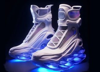 a pair of white sneakers with blue lights on them design create by AI