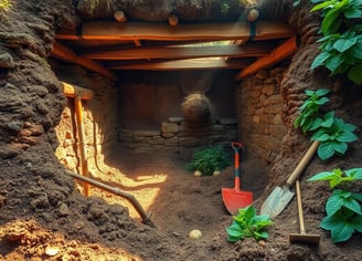 Natural landscape featuring a partially excavated root cellar, surrounded by rich, earthy soil.