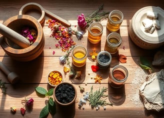 A rustic wooden table scattered with various natural paint-making tools.