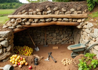 A rustic root cellar being constructed, with natural stone walls, wooden beams, and a earthen floor.