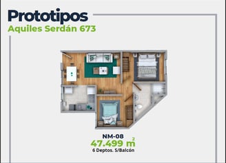 ASER Caracteristicas Departamento. Plano con 2 recamaras, sala comedor, baño y cocina. 47 mts2