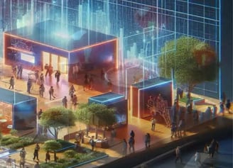 A modern exhibition space featuring interactive displays and informational panels predominantly in g