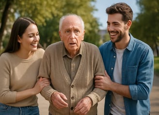 Deux personnes aident un homme âgé pour la journée mondiale d'Alzheimer.