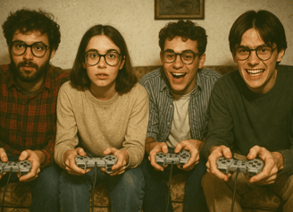Quatre amis jouent ensemble à la console pour la journée internationale des geeks.