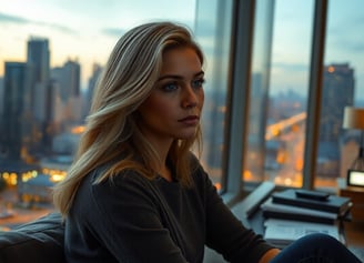 a woman sitting on a couch in an office