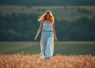 a woman in a blue jumpsuit walking through a field