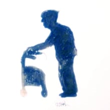 Illustration signed by G.J. Hodson: blue silhouette on white of an older man using a rollator (walker), wearing loose clothes
