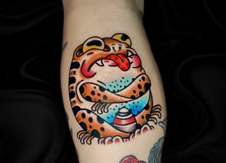 Traditional tattoo of ogama the frog yokai but cartoonished