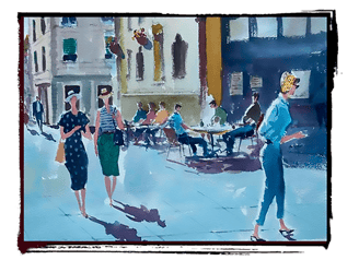 a watercolor painting of a womans walking down a street