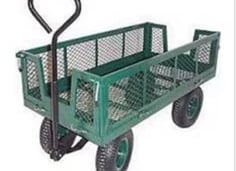 a green wagon with a handlebar and a handlebar