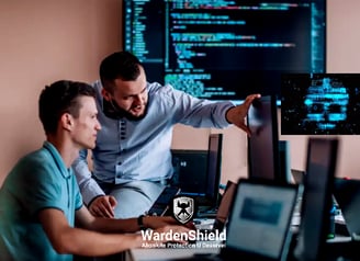 two men sitting at a desk with a computer monitor and a laptop