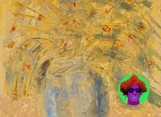 Textured yellow and blue floral painting by Alan Mason, with a surreal pop-art face added in the bottom right corner.