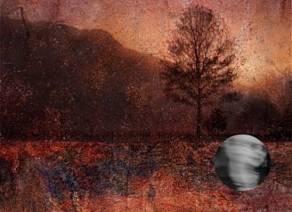 Moody landscape with silhouetted tree at sunset by Ansie du Toit, artist portrait inset