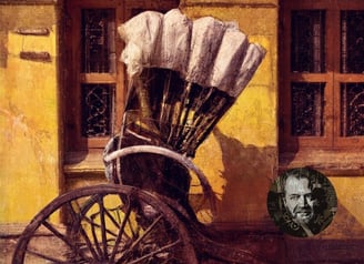 Textured artwork of a vintage rickshaw against a yellow wall by Detlev Bock