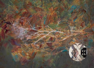 Abstract landscape artwork by Ann Baret with layered earthy tones and delicate white branches