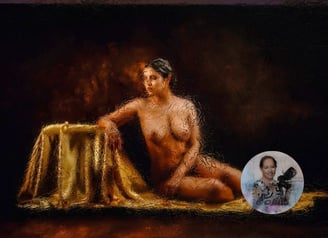 Classical nude study with golden drapery by Mia Joubert, artist portrait inset