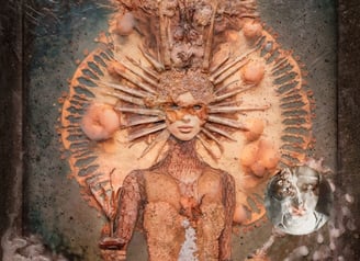 Sculptural mixed media portrait with organic textures by Lize du Plessis
