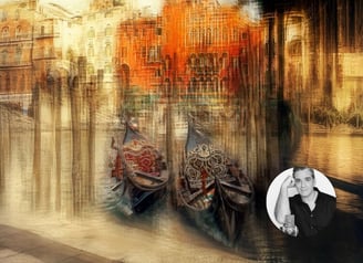 Dreamy Venice scene with gondolas and warm tones by Juan Busciglio, artist portrait inset
