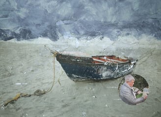Textured seascape of beached boat under stormy sky by Jean Bradshaw