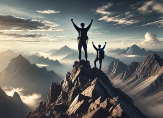 Personne célébrant au sommet d'une montagne, symbolisant la réussite de ses ambitions par la confiance en soi.