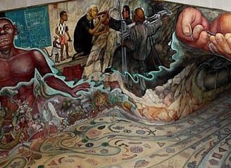 Detalhe de um grande mural complexo de Diego Rivera, mostrando uma mão gigante derramando água