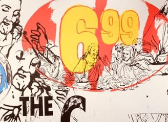 Colagem pop art com números "699", rostos religiosos e elementos gráficos. After the Last Supper (69
