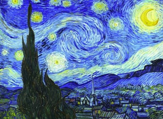 "A Noite Estrelada" de Vincent van Gogh, com seus traços expressivos e céu turbulento, demonstrando