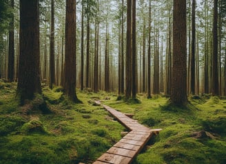 Wooden path through a green forest for nature photography/videos.