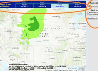 Sample NOAA WPC 4 to 7 day snow/sleet probability map to show where map options are located above and to the right of map.