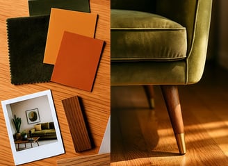 Mid-Century mood board with fabric, color cards, wood samples, and olive green sofa leg close-up.