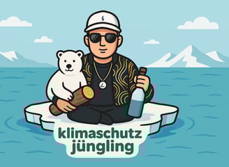 Hustensaft Jüngling sitzt gemeinsam mit einem jungen Eisbären auf einer Eisscholle, im Hintergrund arktisches Meer und schnee