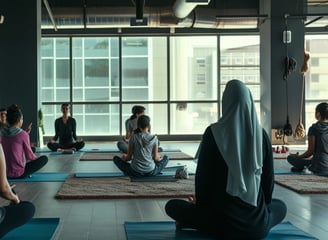 a yoga studio with lots of natural lighting with a group is practicing a sitting yoga pose